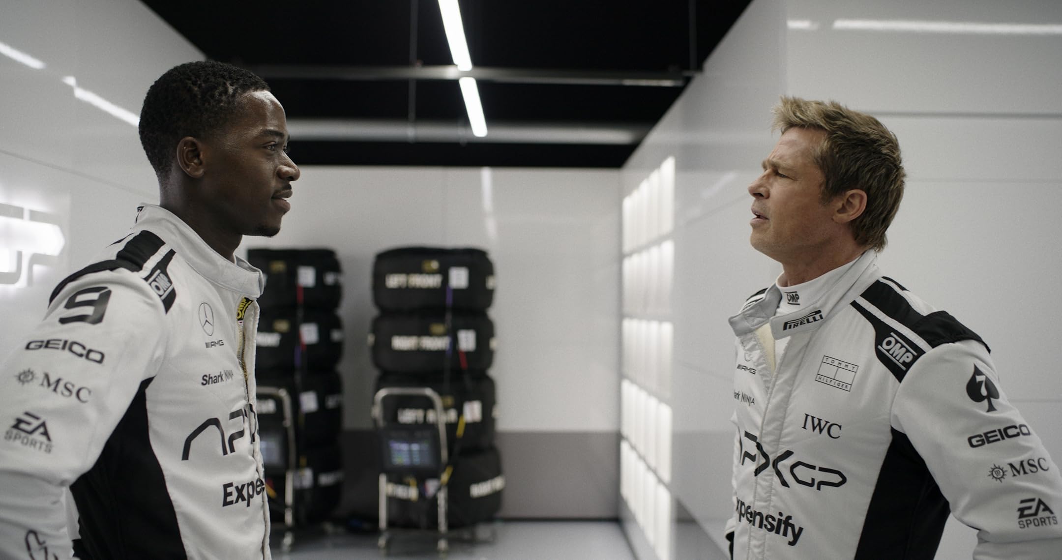 Damson Idris as Joshua Pearce and Brad Pitt as Sonny Hayes in F1: The Movie